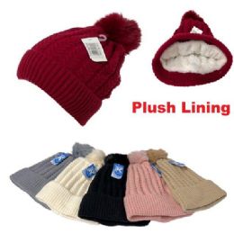 24 Bulk Ladies Plush Lined Braided Knit Hat With Pom Pom