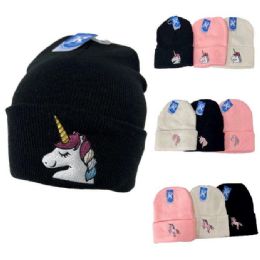 12 Bulk Knitted Cuffed Hat [unicorn] Adult/teenage Size