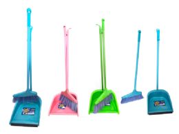 24 Bulk Plastic Dustpan And Broom Set In Pink, Blue, And Green
