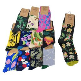 24 Bulk Fun Print Crew Socks Mens 10-13 (flowers/plants)