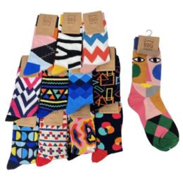 24 Bulk Fun Print Crew Socks Mens 10-13 (shapes)