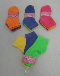 24 Bulk 3pc Girl's Ankle Socks 4-6 (neon Solid Color)