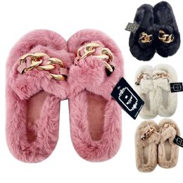 24 Bulk Comfort Sliper Golden Chain & Fur Mix Color