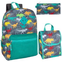 24 Bulk 3 In 1 Dino Themed 17 Inch Backpack With Lunch Bag & Pencil Case