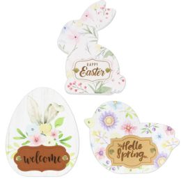 24 Bulk Table Decor Easter Mdf Floral Print 3ast Egg/chick/bunny W/faux Leather Riveted Greeting/upc Label