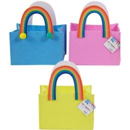 24 Bulk Party Treat Bag Rainbow Handle & Pom Pom Trim Felt 7.5x4.5x5in 3ast ht