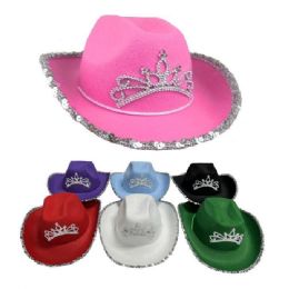 24 Bulk Ladies Felt Cowboy Hat With Princess Tiara And Sequin Edge