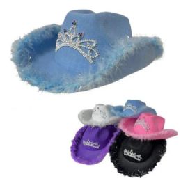 24 Bulk Ladies Felt Cowboy Hat With Tiara And Feather Edge Asst Colors