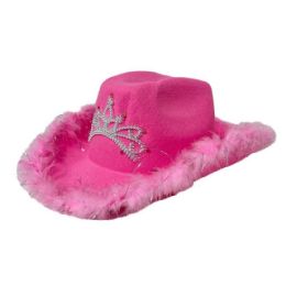24 Bulk Ladies Felt Cowboy Hat With Tiara And Feather Edge - Pink