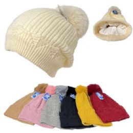 24 Bulk Ladies Super Soft PlusH-Lined Scallop Knit Hat W Pompom [solid]
