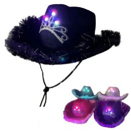 24 Bulk LighT-Up Felt Cowboy Hat With Tiara And Feather Edge - Asst Colors