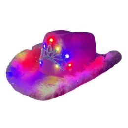 24 Bulk LighT-Up Felt Cowboy Hat With Tiara And Feather Edge - Pink