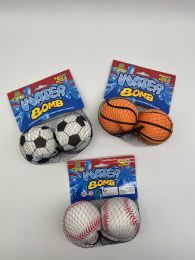 24 Bulk Sports Water Bombs 2pk Balls 2.76in Dia 3ast Basket/soccer/baseball Net Bag/hdr