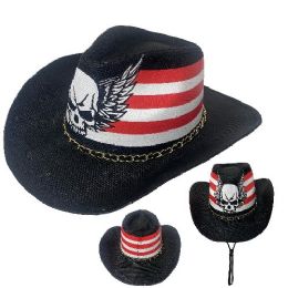 24 Bulk Painted Cowboy Hat [skull W Red/white Stripes] Chain Hat Band