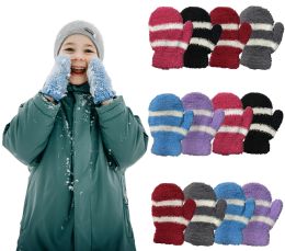 36 Bulk Yacht & Smith Kids Striped Fuzzy Mittens Gloves Ages 2-7