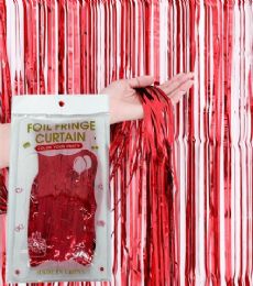 96 Bulk Red 3x7ft Plain Foil Fringe Curtain