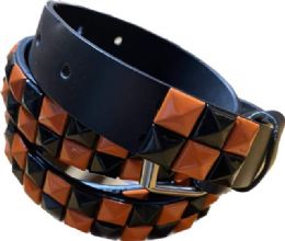 24 Bulk Wholesale Orange & Black Color Studded 2 Row Skinny Belt
