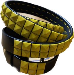 24 Bulk Wholesale Yellow Color Studded 2 Row Skinny Belt
