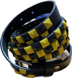 24 Bulk Wholesale Yellow & Black Color Studded 2 Row Skinny Belt