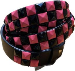 24 Bulk Wholesale Pink & Black Color Studded 2 Row Skinny Belt