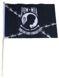 24 Bulk Wholesale Pow Mia Not Forgotten Black Stick Flag 12 In X 18 in