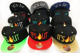 24 Bulk Wholesale Snap Back Flat Bill It's Lit With Flame Assorted Colors
