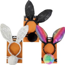 18 Bulk Bunny Costume Kit 2pc Ears Headband & Tail 3ast White/blk/rainbow Hlwn Tcd