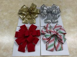12 Bulk Christmas Tree Topper Bow 4ast Silver/gold/red/candy Stripe 11x31in Tcd