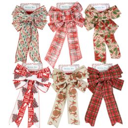 24 Bulk Deluxe Wreath Bow 6 Asst. Xmas Prints 7-Loop 9x14 Wired Xm Tcd