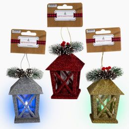 24 Bulk Ornament Glitter Lantern LitE-Up3ast W/pine Trim 4.5hx2.75wred/silver/gold Xmas Hdr