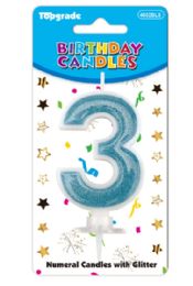 24 Bulk #3 Blue Glitter Birthday Candle