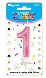 24 Bulk #1 Pink Glitter Birthday Candle
