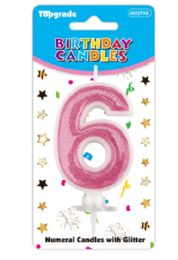24 Bulk #6 Pink Glitter Birthday Candle