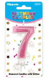 24 Bulk #7 Pink Glitter Birthday Candle