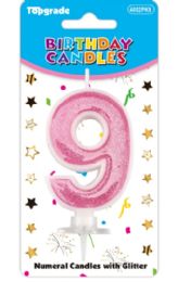 24 Bulk #9 Pink Glitter Birthday Candle