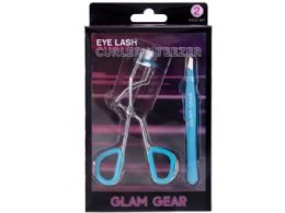 36 Bulk Glam Gear 2 Piece Eyelash Curler And Tweezer Set In Blue