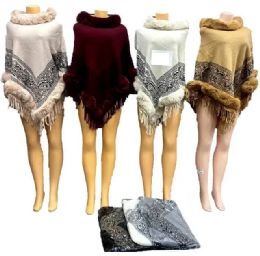 12 Bulk Wholesale Knitted Poncho Paisley Pattern With Faux Fur Collar Assorted