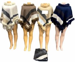 12 Bulk Poncho Plaid Pattern With Faux Fur Collar Assorted