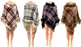 12 Bulk Classic Plaid Knitted Winter Poncho W/ Faux Fur Collar