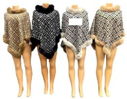 12 Bulk Knitted Poncho Aztec Pattern With Faux Fur Assorted