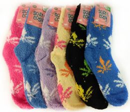 24 Bulk Wholesale Warm Soft Fuzzy Socks With Marijuana Leaf Assorted