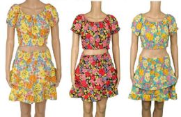 48 Bulk 2 Piece Floral Crop Top & Skirt Set In 3 Assorted Colors