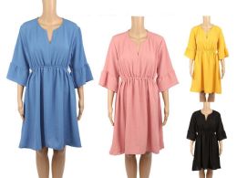 48 Bulk Women's Long Sleeve Casual Summer Ruffle Dress In 4 Assorted Colors