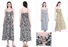 48 Bulk Floral Printed Shoulder Strap Sleeveless Midi Dress In Assorted Colors