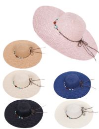 36 Bulk One Size Women's Wide Brim Sun Straw Hat With Gemstones