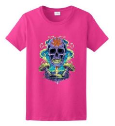 24 Bulk Wholesale Weed Skull Pink Color T-Shirts