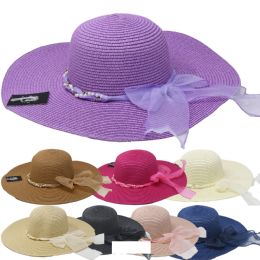 12 Bulk Beach Hat With Pearl Ribbon Band Wide