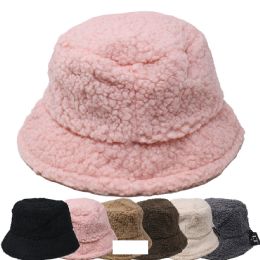12 Bulk Women's Winter Sherpa Fur Bucket Hat Style Knitted Hats With Fleece Lining In Assorted Colors