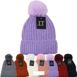 12 Bulk Women's Winter Fur Lining Love Style Knitted Hats With Pompoms In Assorted Colors