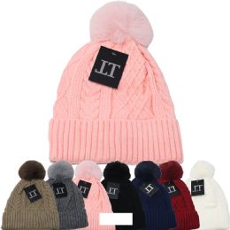 12 Bulk Women's Winter Fur Lined Knitted Hats With Pompoms In Assorted Colors